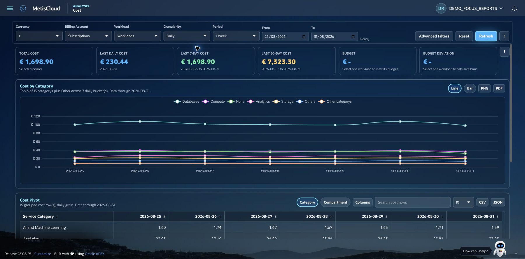 Cost analysis with daily service-category trends and a detailed cost pivot using demo figures.